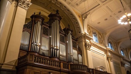 Close-up of a pipe organ in a grand church interior with architectural details and soft lighting.


