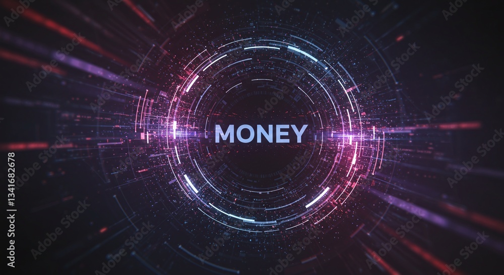 Poster digital money: a futuristic and dynamic visual, with the word 