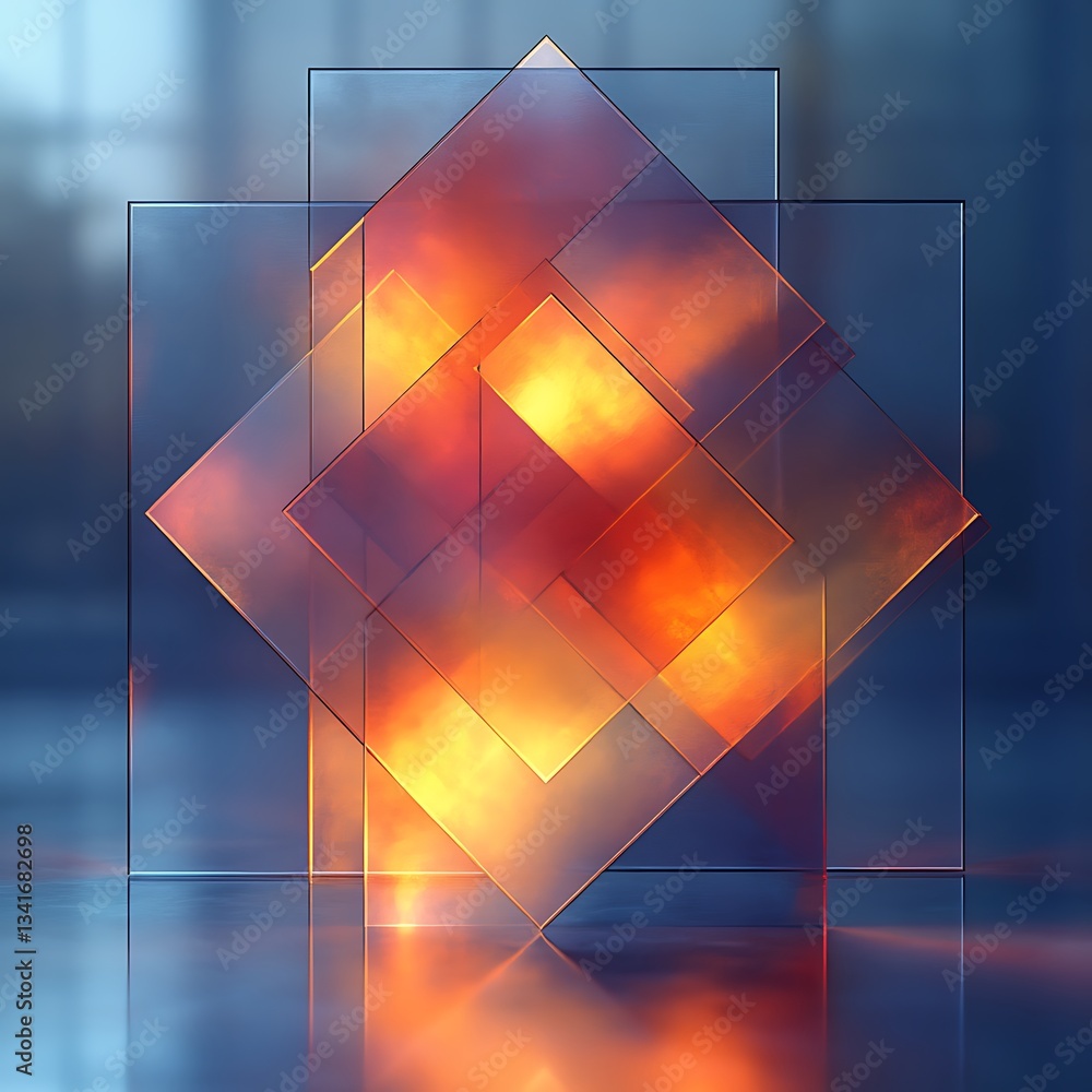 Poster abstract geometric composition with transparent squares and warm orange glow creating an artistic de