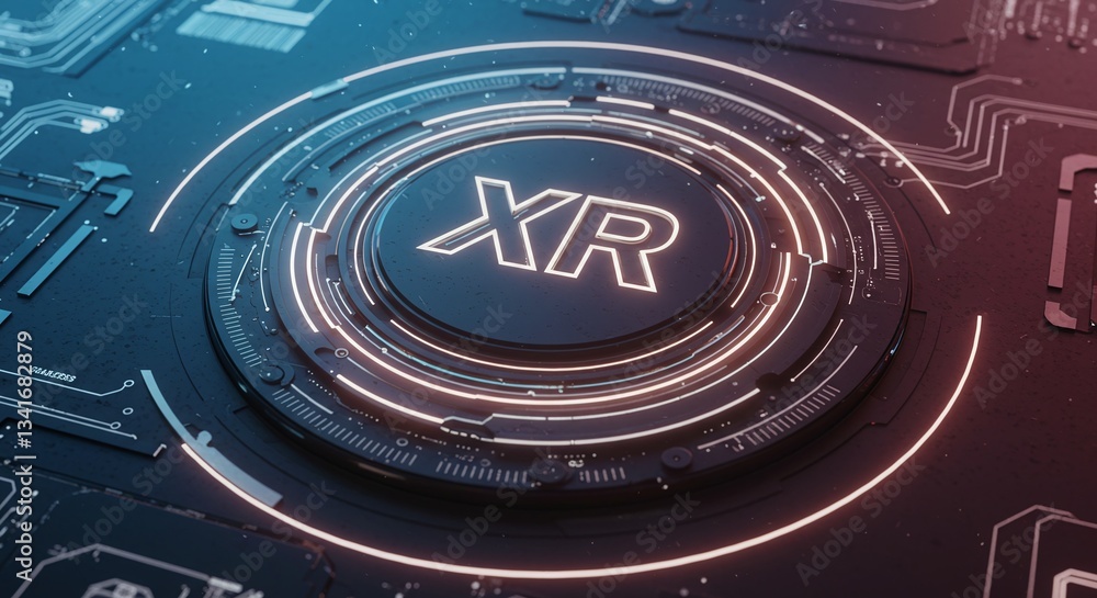 Poster xr technology: the central focal point is a futuristic design element featuring the letters 
