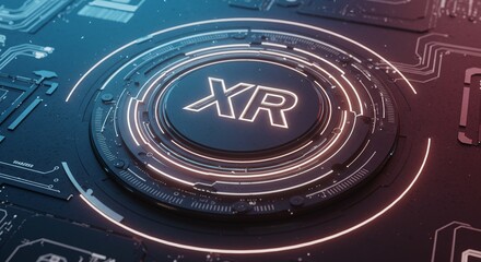 XR Technology: The central focal point is a futuristic design element featuring the letters "XR" at the core. The piece exudes a sense of cutting-edge technological innovation.