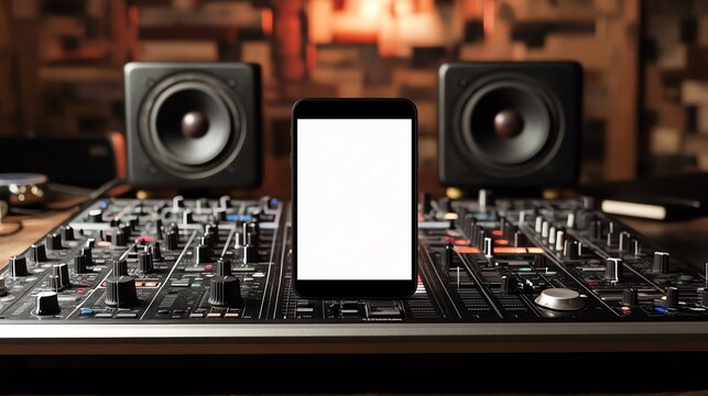 Mobile phone blank white screen mockup on DJ's mixing table with audio equipment.