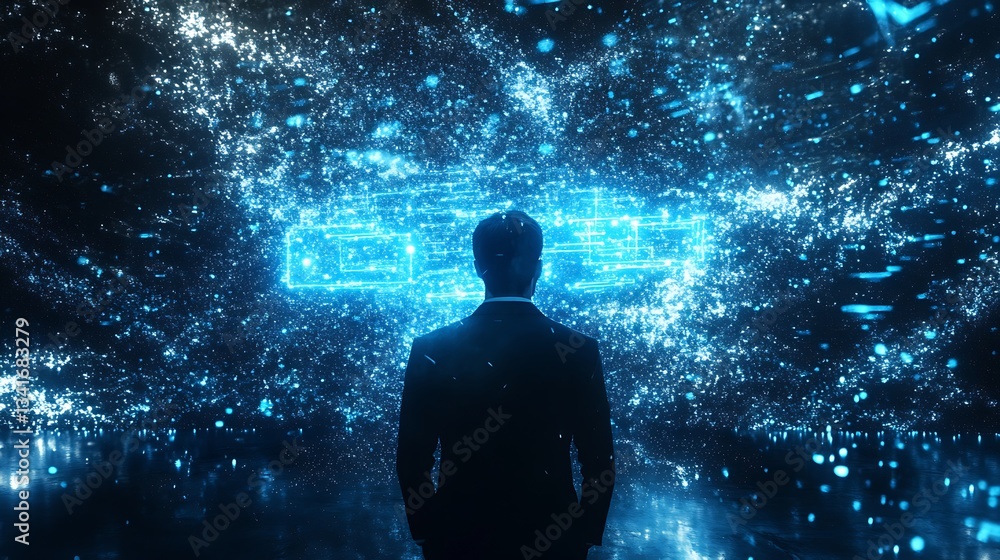 Poster professional leverages ai-driven stock forecasting through a futuristic holographic interface.