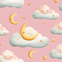 Naklejka premium A repeating pattern of fluffy pastel clouds with cute little sleeping moons and stars.