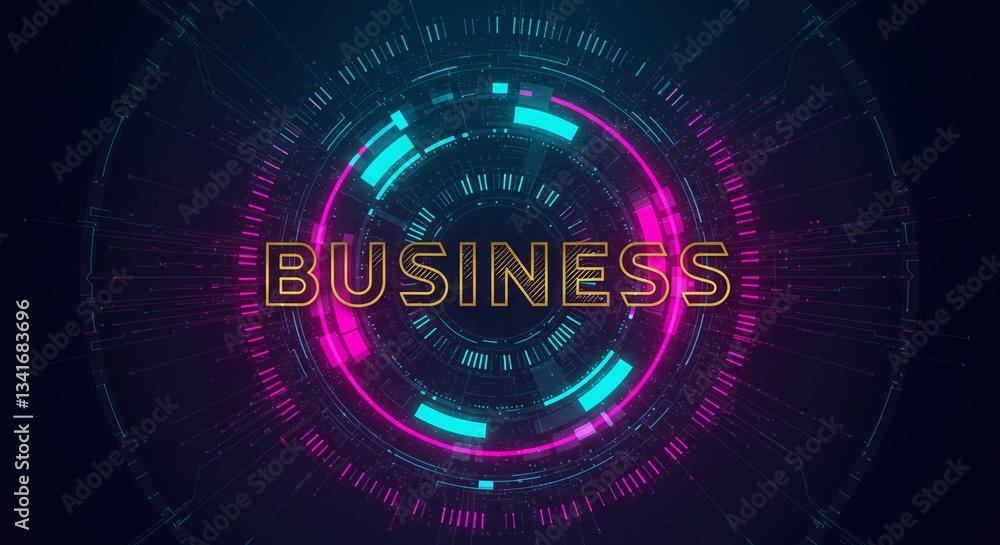Poster cyber business: a digital business is rendered with a futuristic, technological edge, the word 