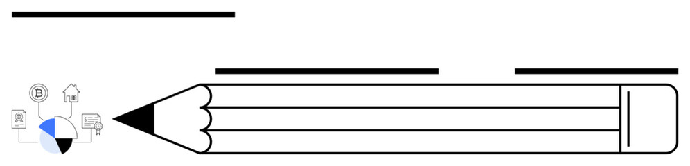 Obraz premium Large pencil extending into icons symbolizing data chart and blockchain network. Ideal for creativity, innovation, design, data analysis, technology, education, blockchain, and communication