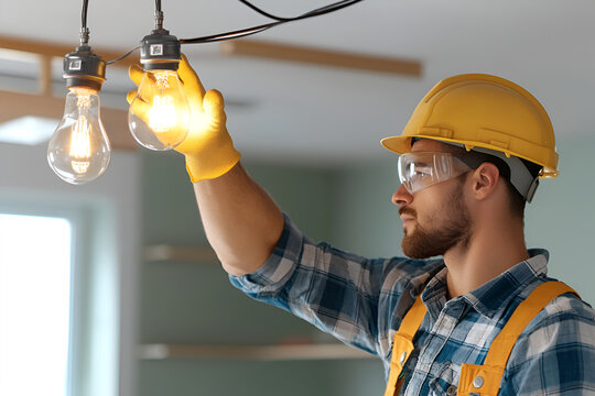 Male electrician fixing light bulbs indoors wearing hard hat and protective gear - Powered by Adobe