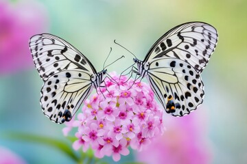 Obraz premium Two butterflies perched on a vibrant pink flower with a soft blurred background