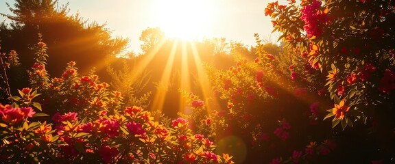 Fototapeta premium Golden sunbeams burst through vibrant summer foliage, creating a hazy, idyllic scene, summer light, background