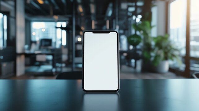 Smartphone blank white screen mockup with coding workspace in tech office.