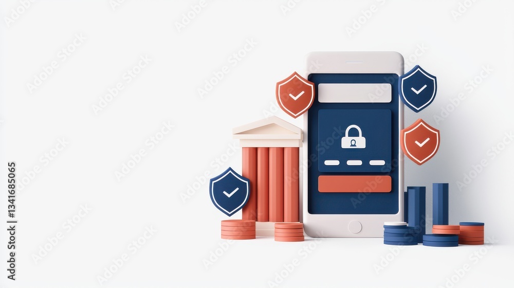 Poster secure mobile banking concept with shield icons and bank elements