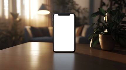 Smartphone blank white screen mockup on home desk with comfortable chair and lamp.