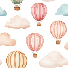 Naklejka premium A seamless pattern of vintage hot air balloons floating through soft watercolor clouds.