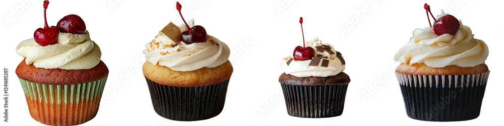 Poster a birthday cupcake and a red cherry cupcake, generated by generative ai, are shown isolated on a tra