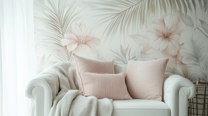 A luxurious tropical wallpaper in soft shades of ivory and blush, with delicate, hand