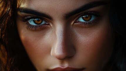 Fototapeta premium A stunning portrait capturing intense brown eyes and beautiful features. The image evokes a sense of mystery and allure. Perfect for creative projects. Generative AI