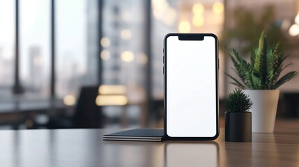 Smartphone blank white screen mockup on coworking space desk with minimalist interior.