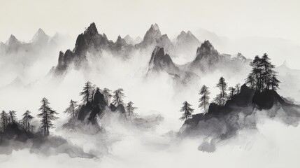 Misty Mountain Landscape - Serene grayscale painting of misty mountains and silhouetted trees. A peaceful and tranquil scene