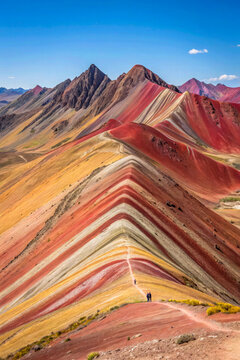 The vibrant, rainbow-colored hills of Peru's Rainbow Mountain (Vinicunca). A stunning array of multicolored layers of rock, ranging from pinks and reds to browns and yellows