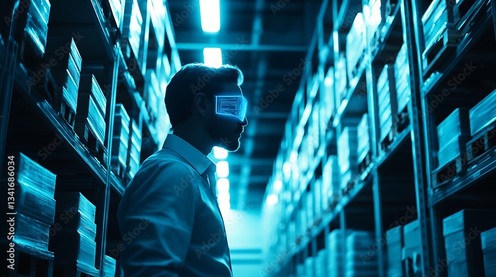 Poster a businessman interacting with a holographic smart inventory system, ai-driven stock forecasting and
