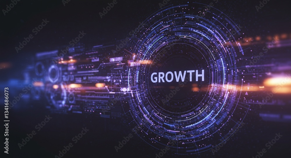 Poster digital growth visualization: futuristic depiction of digital growth, highlighting 'growth' text wit