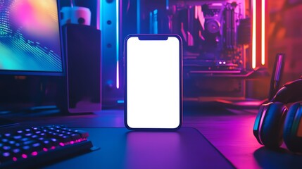 Smartphone blank white screen mockup in gaming setup with RGB lighting.