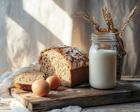 Rustic freshly baked rye bread with milk and eggs by a window, bathed in warm natural light
