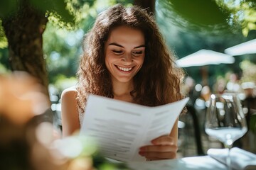 Young Woman in Cafe Looking at Voucher – Enjoying a Coffee Break
