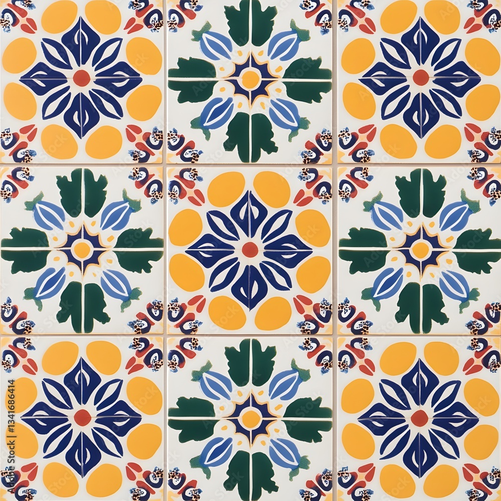 Poster a repeating pattern of colorful moroccan tiles with intricate symmetrical designs.