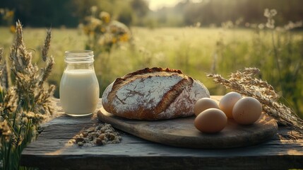 Rustic freshly baked rye bread with milk and eggs by a window, bathed in warm natural light