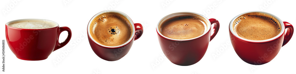 Poster isolated on a transparent background is a red ceramic mug with espresso, an image generated using ge