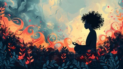 Meditation surrounded by swirling botanical elements inspires mindfulness and tranquility in nature