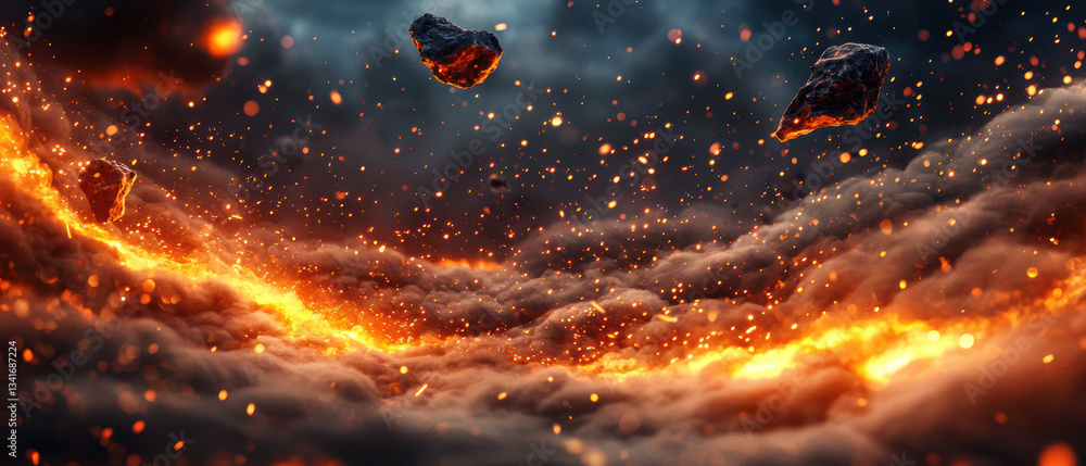 Poster fiery sparks and swirling smoke create abstract chaos with glowing lava and floating rocks, evoking 