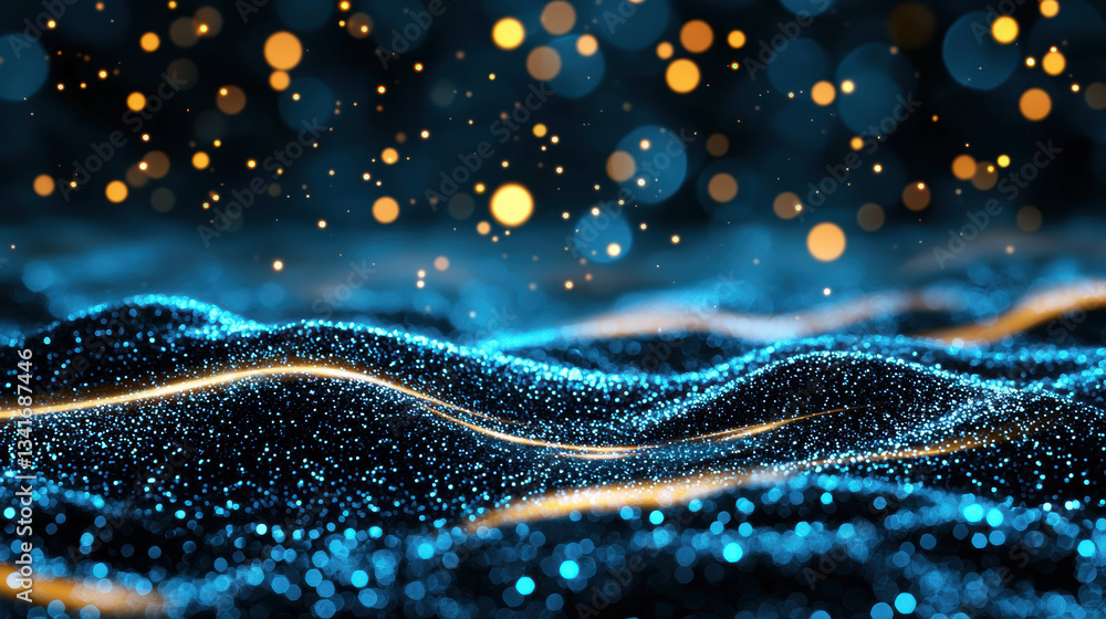 Poster mesmerizing dark blue bokeh scene with glittering particles creating magical atmosphere
