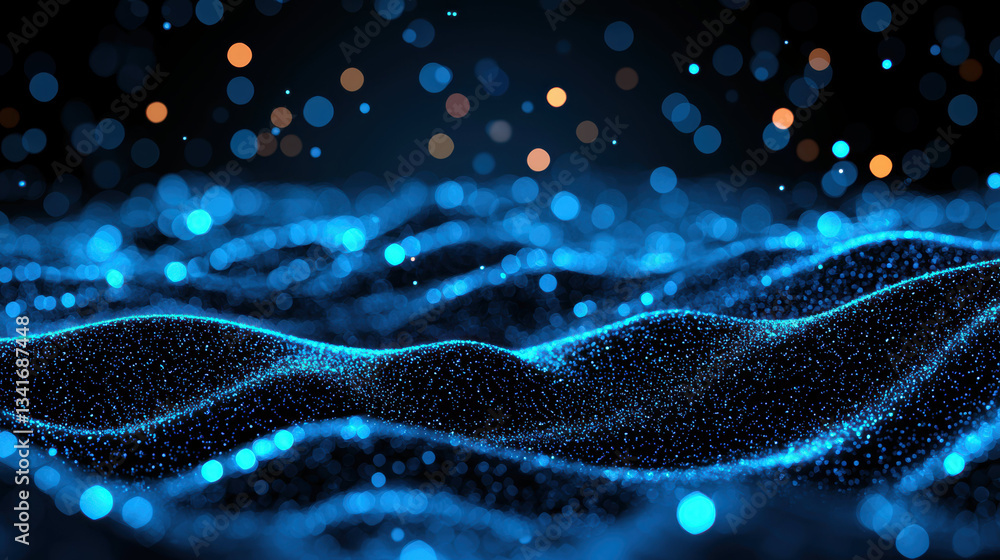 Poster mesmerizing abstract scene featuring dark blue waves adorned with sparkling glitter and bokeh lights