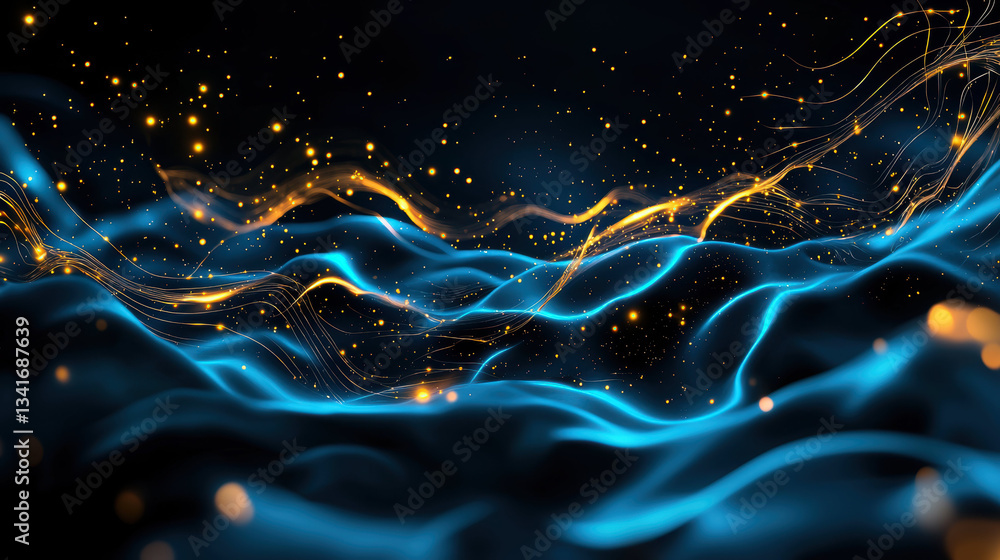 Poster abstract deep blue waves with golden highlights create mesmerizing visual experience, evoking sense 
