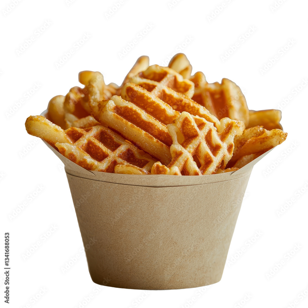 Poster a white paper cup containing golden crispy waffle fries is isolated on a transparent background, cre