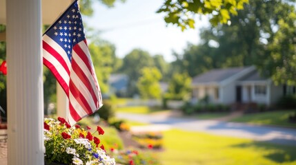 Patriotic Memorial Day Decor on Porch - American Flag and Bunting in Red, White, Blue Colors