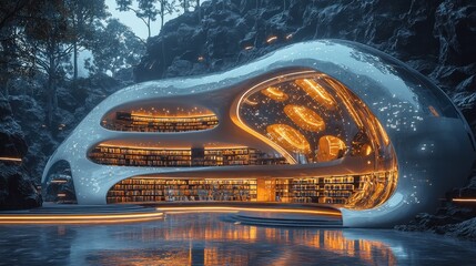 A stunning futuristic library featuring a fluid design with glowing elements and shelves of books, surrounded by a rocky landscape. This creative structure blends innovation and nature.