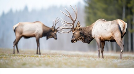 Fototapeta premium Majestic Elk Grazing in Naturally Scenic Landscape with Forest Background