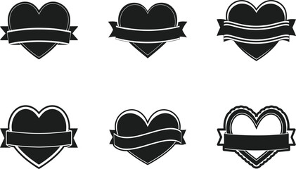 Set of Heart with Ribbon Banner Vector Illustrations – Editable Love-Themed Designs