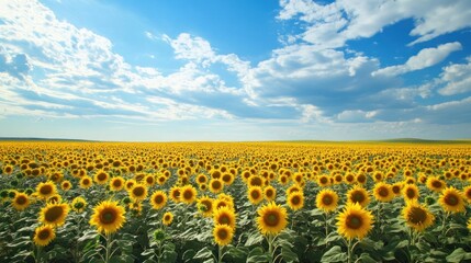 Obraz premium Majestic panorama showcasing a vibrant sunflower field under a boundless sky