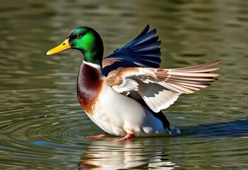 Fototapeta premium A drake mallard, vibrant green head feathers, landing on water, greenhead, ecosystem