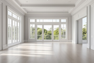 Fototapeta premium Interior of empty spacious living room with white walls and laminated floor