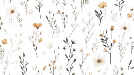 A minimalist botanical pattern with small daisy flowers, fine greenery details, and muted earth tones on a white background