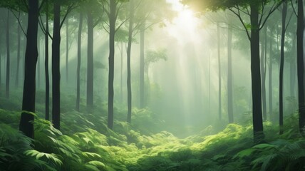 Obraz premium Lush green forest with morning mist and sunlight filtering through the trees.