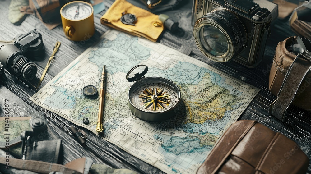 Aufkleber A 3D rendering of a compass in an adventure-themed setup with maps and gear.