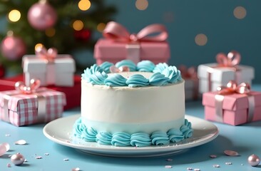 A festive cake in blue and white in the background of gifts. Cake for a birthday, wedding, and holidays.