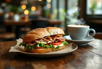 Delicious Ham Sandwich with Coffee in a Cozy Café.
