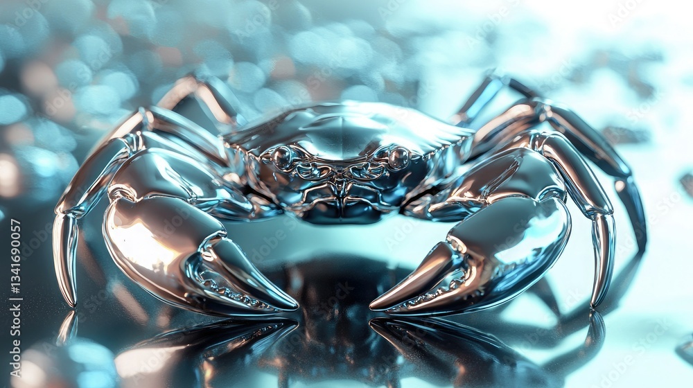 Poster a 3d-rendered crab icon with a shiny, metallic finish for a futuristic look